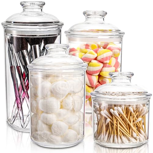 DEAYOU 4 Pack Clear Plastic Apothecary Jars, Plastic Storage Jar Canister with Airtight Lid, Cotton Ball Holder Bathroom, Candy Cookie Container Organizer for Bath Salt, Vanity, 33 Oz/23 Oz/13 Oz