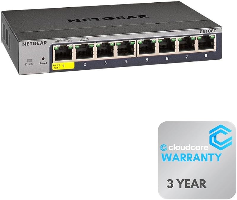 NETGEAR GS108T 8-Port 𝐒𝐦𝐚𝐫𝐭 𝐌𝐚𝐧𝐚𝐠𝐞𝐝 Switch | 10/100/1000 Mbps | Desktop and Wall-Mountable | Cloud Care's 3-Year Warranty SupportPlus Included