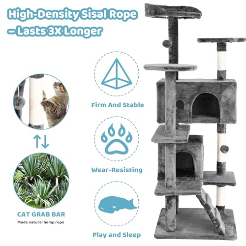 Torre para gatos grandes 54" alto con rascadores y cama miniatura 5