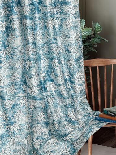Image of Home Sizzler 2 Pieces Leaf Mist Grommet Eyelet Polyester Door Curtains - 7 Feet, Frosted Aqua