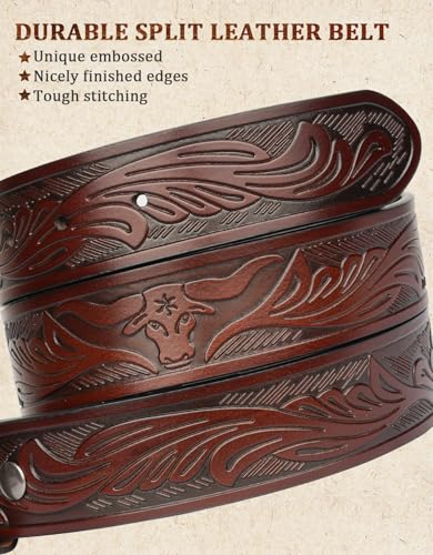 Leather Western Belts for Woman Men - Bull Buckle, Cowboy Cowgirl Country Embossed Belt for Jeans Women Mens Gifts3