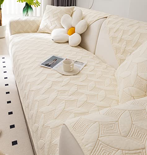 Xslive Farmhouse Couch Cover Solid Color Neutral Sofa Cover Soft Cotton Quilted Sectional Couch Covers Non Slip Washable Sofa Slipcover Furniture Protector For Living Room (Ivory C,36"X82") #TOP3