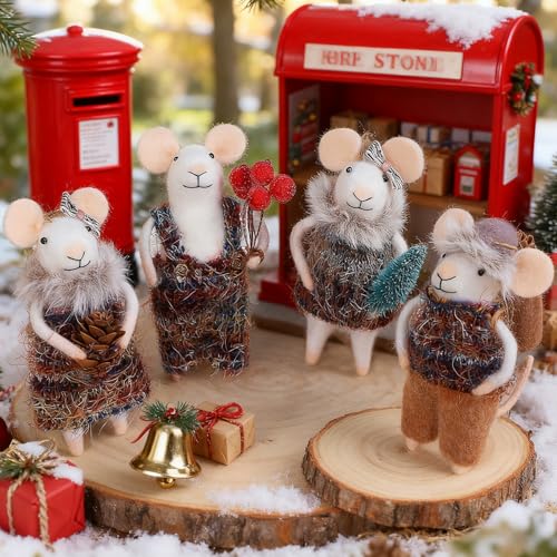 Watereem Set of 4 Christmas Felt Mouse Ornaments 5 Mini Mice with Brown Sweater for Christmas Tree Hanging Wool Xmas Tabletop Decor Animal Crafts for Holiday Easter Gifts Birthday Party Supply
