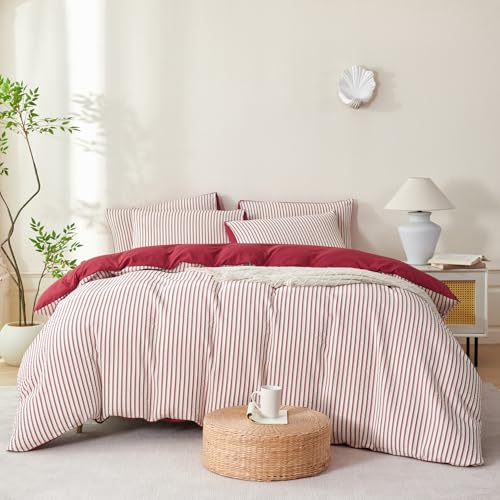 Image of Red Striped Comforter Set Queen - 3 Pieces Bedding Comforter Set for All Season, Soft Lightweight Washed Microfiber, 1 Striped Comforter and 2 Pillowcases (Red, Queen Size)