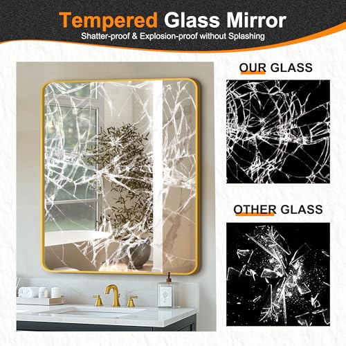 Image of Delma Bathroom Vanity Mirror, Gold Framed Mirror for Over Sink, 36x30 | HD glass, distortion-free for makeup and grooming, Sturdy frame, all mounting hardware, hangs horizontal or vertical