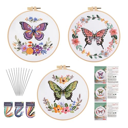 Image of GLTAYLMY Butterfly Embroidery Kit for Beginners Adults, 3 Sets Hand Embroidery Starter Kit with Flower Pattern and Instructions Stamped Cross Stitch Kits Include Embroidery Hoop Needles Threads