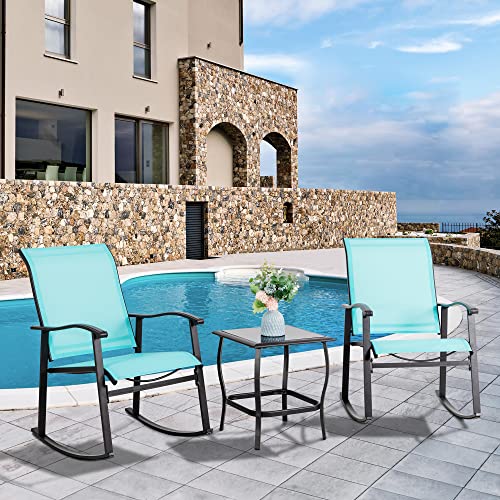Vongrasig 3 Piece Outdoor Rocking Bistro Set, Textilene Fabric Small Patio Furniture Set, Front Porch Rocker Chairs Conversation Set With Glass Table For Lawn, Garden, Balcony, Poolside (Blue) #TOP1
