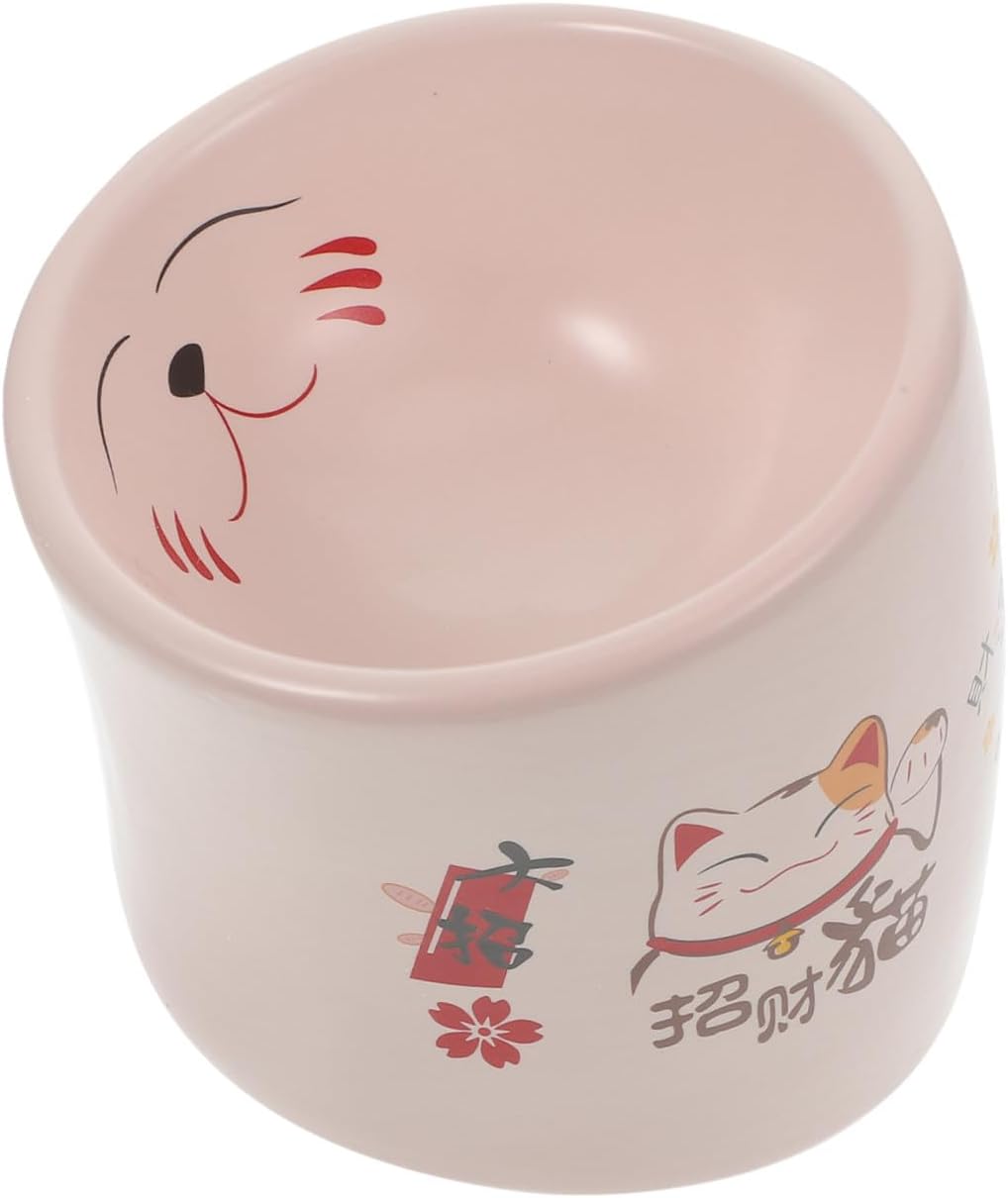 Elevated Pink Ceramic Cat Feeding Bowl Anti-Spill Non-Skid Pet Food Dish with Safety Neck Protector for Kitten and Small Cats