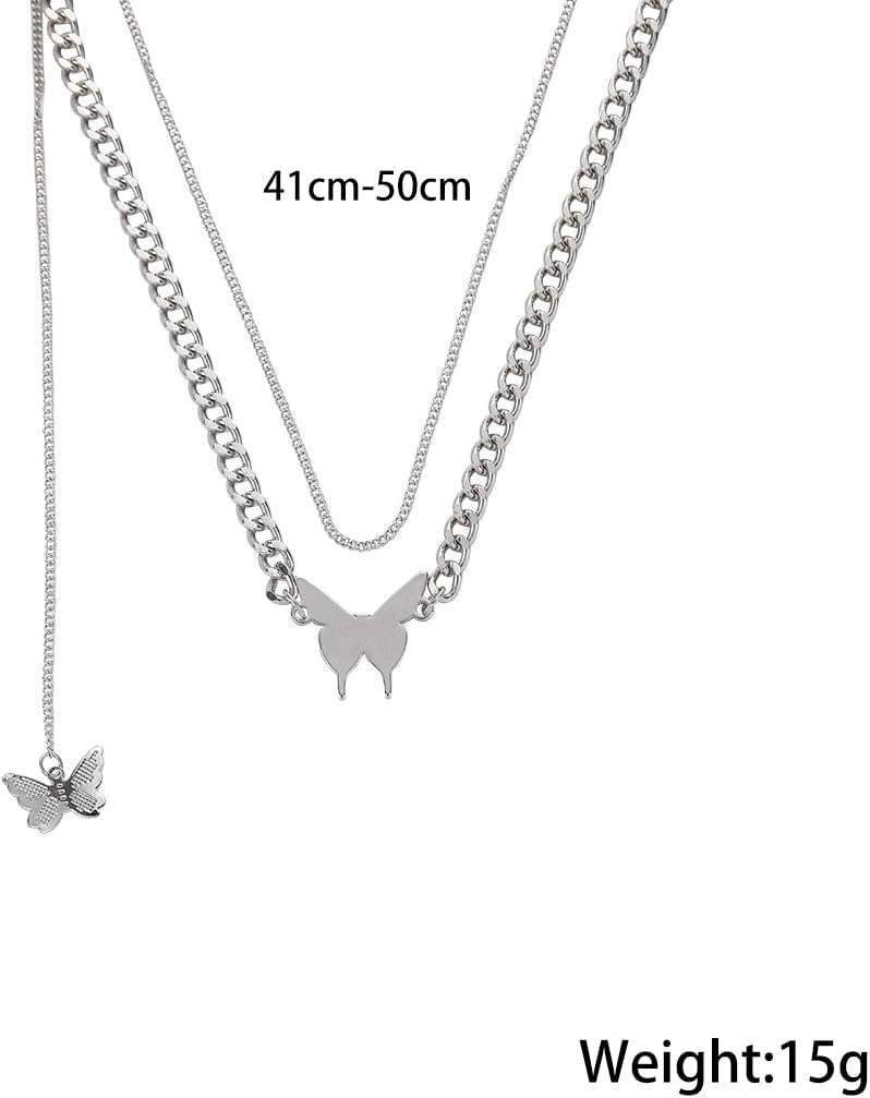 Rrdaily Silver Layered Stackable Butterfly Pendant Necklace for Women,Trendy Statement Butterfly Cuban Chain Necklace,Dainty Birthday Party Jewelry Gifts - Image 2