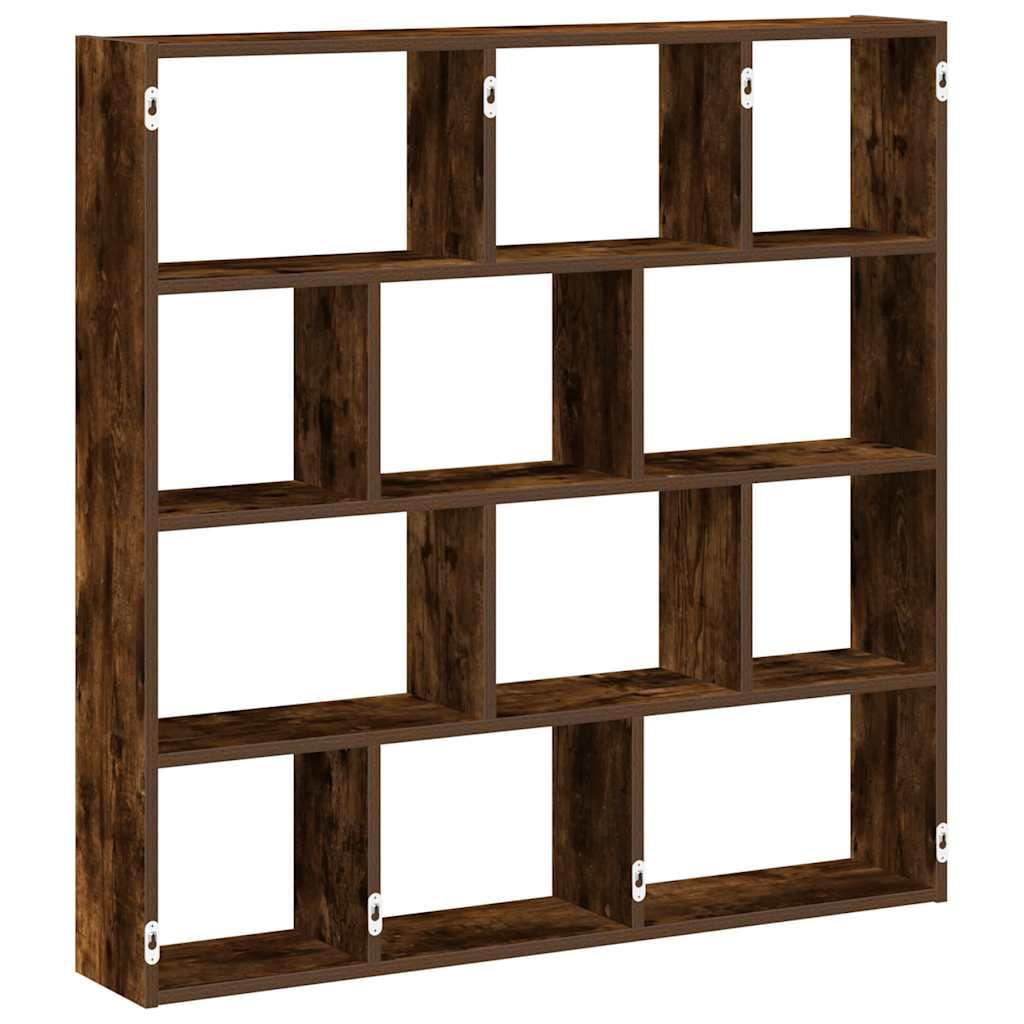 Estantería de pared en forma de cubo, roble ahumado, 12 compartimentos, 100 x 18 x 100 cm, espacio de almacenamiento versátil para salón, dormitorio