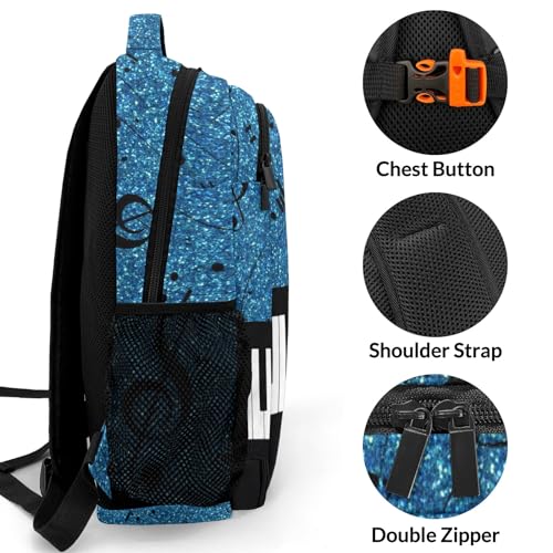 Custom Text Piano Key Music Note Glitter Blue Backpacks for Girls Boys School, Capacity School Backpacks for Kids Water-resistant Bookbags4