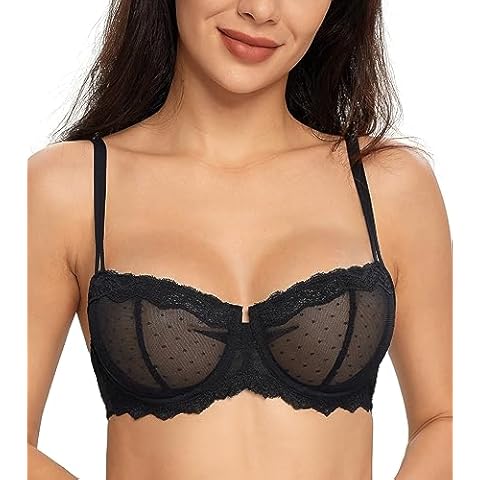 Lemorosy Women's Non-Padded Underwire Lace Balconette Unlined Demi Sheer Bra (36B, Black) Cover