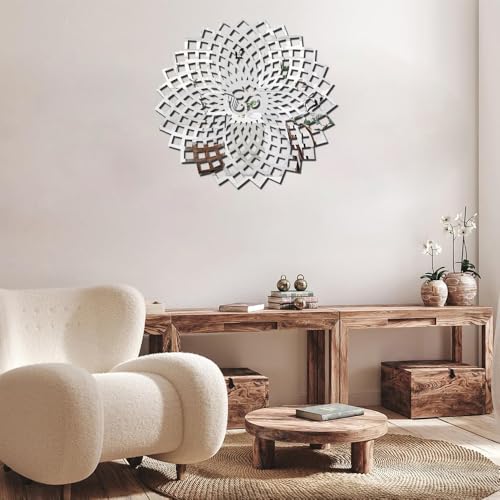 Image of Bikri Kendra - Mandala Om Silver Mirrors Stickers for Hall Living Room Bedroom Kids Room Home Office 3D Acrylic wall Stickers (Silver Mandala om)
