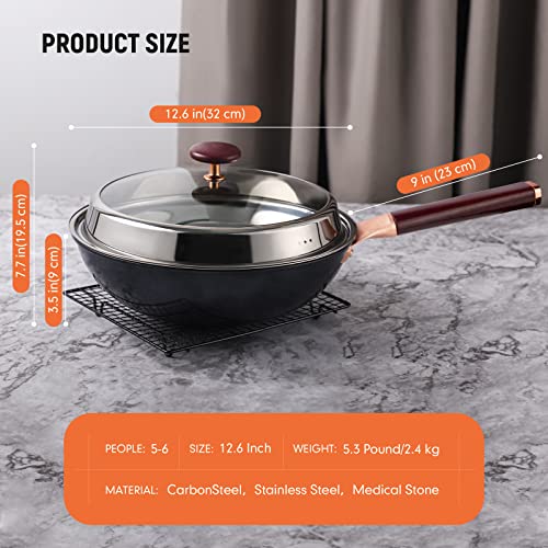 Kseroo 12.5” Woks & Stir-Fry Pans With Lid Steamer, Nonstick Ceramic Wok Pan With Lid, Deep Large Induction Hard Anodized Frying Wok, Carbon Steel Wok Set Flat Bottom, Large Saute Pan Set #TOP4