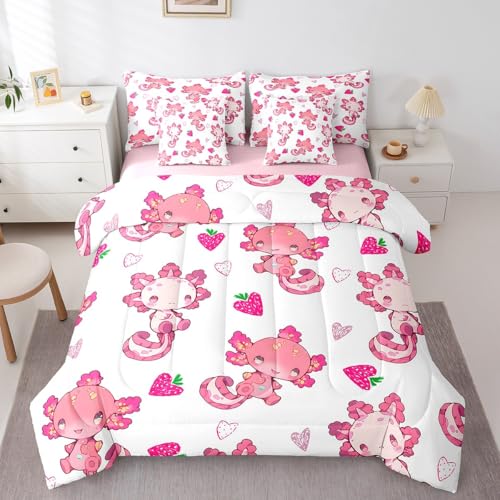 Image of Feelyou Kids Cute Axolotl 7 Pieces Bedding Set King Size, Strawberry Bed in A Bag Boys Girls Kawaii Ocean Sealife Comforter Set with Sheets Cartoon Fruit Teens Bed Set Bedroom Decor 7Pcs