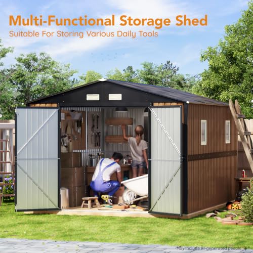 Image of Panovue 10X12 FT Outdoor Steel Storage Shed with Lockable Doors, 2 Windows, Garden Shed Ideal for Backyard, Patio Storage,Chicken Coop(Wood Panels & Frame Floor Not Included)
