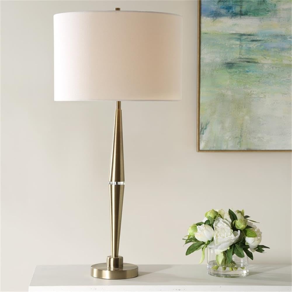 BOWERY HILL Metal Table Lamp, 32.5" H x 15" W x 15" D, Antique Brass Finish, Off-White Linen Shade, Contemporary Design with Crystal Accents for Bedroom or Living Room Lighting