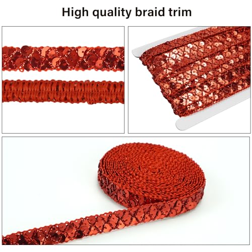 Qililandiy 13 Meter Einfassborte Spitze Pailletten Borte Band Fransen Borten Applikation 1.5cm X 13m für DIY Kleidung Gardine Vorhang Tischläufer Deko (Rot)