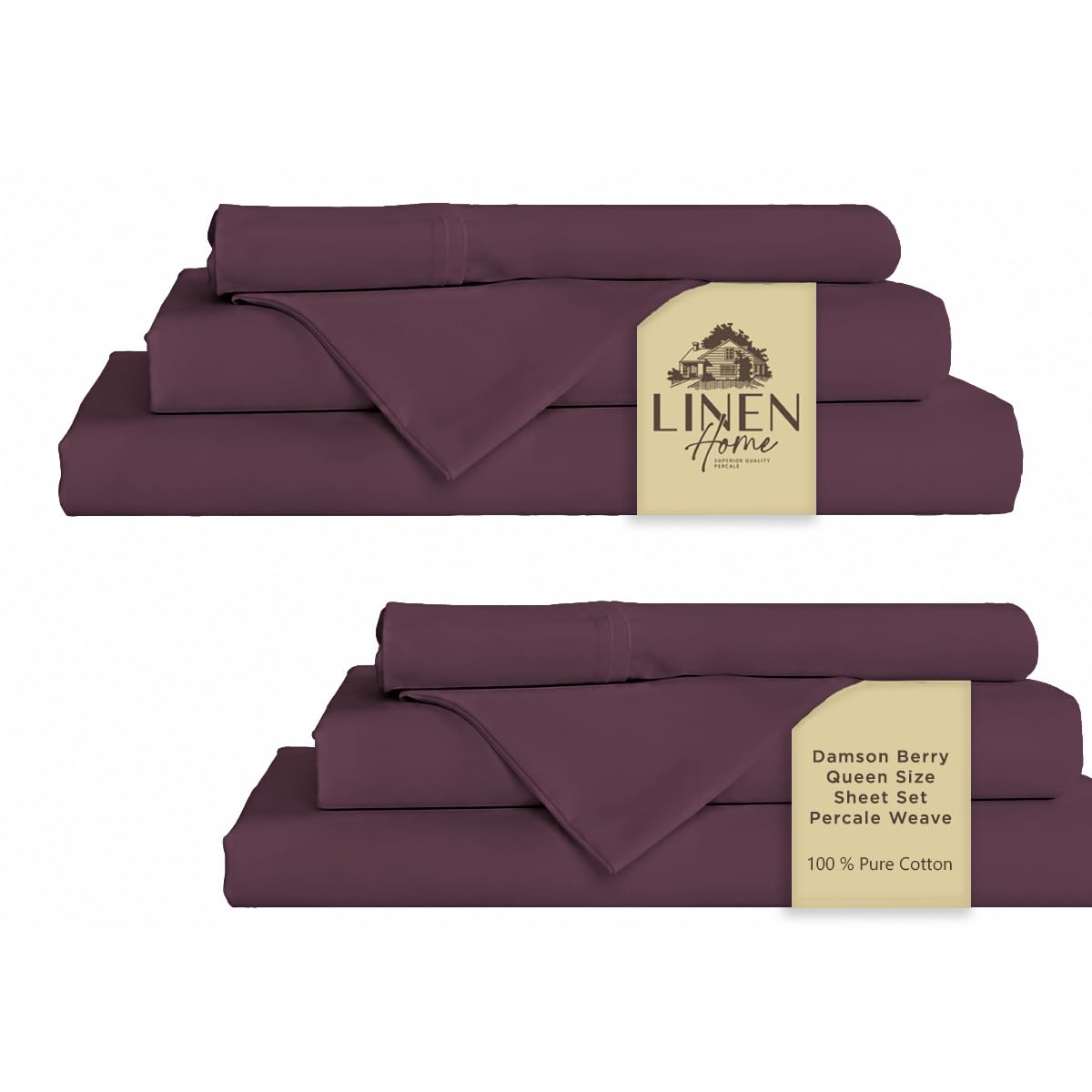 Linen Home 2-Pack Queen Sheet Set, 100% Cotton Percale Bedding, 8-Piece Value Bundle, Deep Pocket Cooling Bed Sheets for Hot Sleepers, Breathable &amp; Crisp Hotel Quality, Long-Staple Cotton Damson Berry