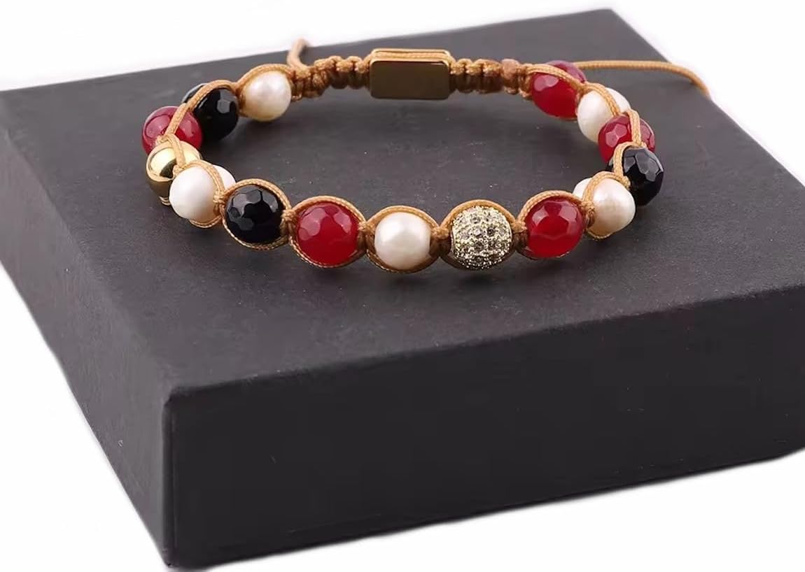 Luxury Aqua Chalcedony Bracelet Healing Crystals Bracelet Black Onyx Faceted, Freshwater Pearls, Micro Pave CZ Gold Ball 8mm Adjustable Braided Macrame Bracelet