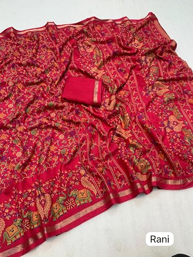 Image of Kalamkari Floral Prints Dola Silk Saree With Rich Zari Border Designer Pallu Attach Blouse Piece