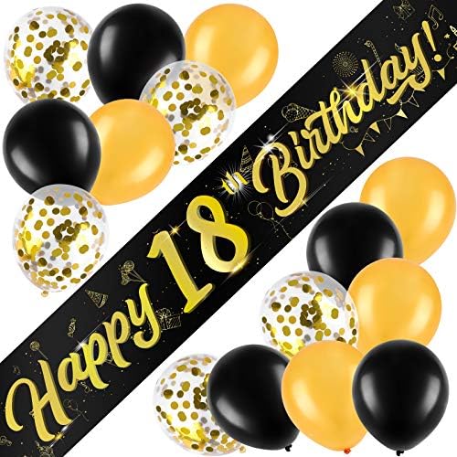 ADXCO 16 Pieces 18th Birthday Banner Decorations Kit Gold and Black Birthday Banner Confetti Latex Balloons Decorations Kit for Black Gold Birthday Party Decoration