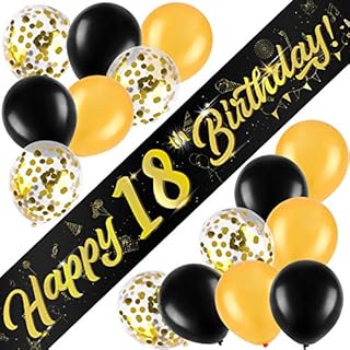 ADXCO 16 Pieces 18th Birthday Banner Decorations Kit Gold and Black Birthday Banner Confetti Latex Balloons Decorations Kit for Black Gold Birthday Party Decoration