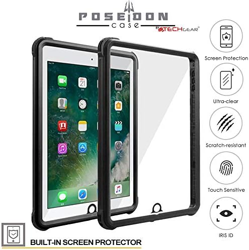 TECHGEAR Waterproof Case for iPad 9.7" 6th Gen 2018 / 5th Gen 2017 [Poseidon Case] Slim Rugged Armour Shockproof Waterproof Case with Built-in Screen Protector + Stand & Neck Strap fit Apple iPad 9.7"