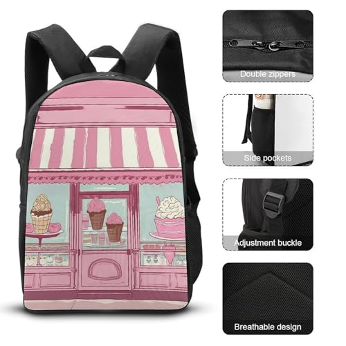 3 Piece Backpack for Women Men Lightweight Causal Daypack Shoulder Bag Set with Insulated Lunch Bag And Pencil Case Organizers Ice Cream Store3