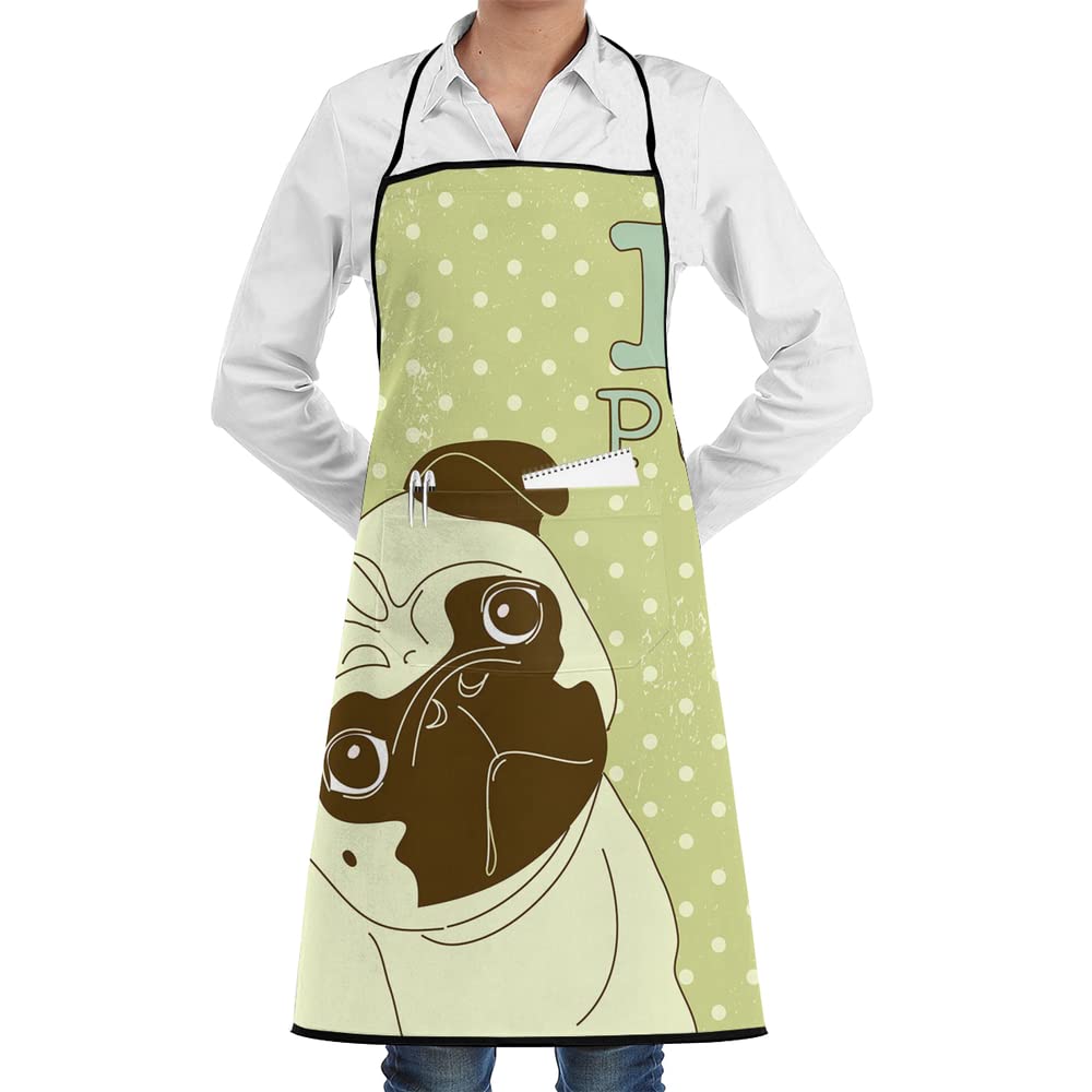 Pug Little Dog With Tilted Head Cooking Kitchen Bib Apron With Pockets Aprons For Women Men Baking Gardening