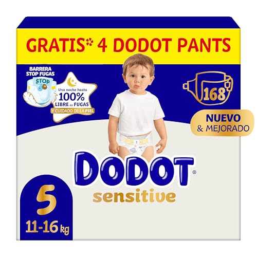 Dodot Pañales Bebé Sensitive, Talla 5 (11-16 kg), 168 Pañales + 4 Pants de Regalo, Hasta 12 h De Protección Antifugas y Cuidado de la Piel, Pack Mensual