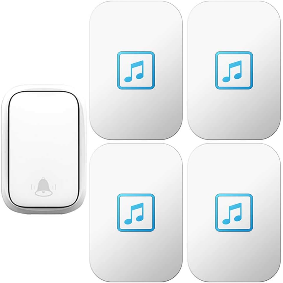 Wireless Doorbell Waterproof, 1 Transmitter 4 Receivers Self-Powered Doorbell, 60 Ringtones/Led Blue Light Flashing Reminder, 150M Transmission Range / 5 Volume Levels,White,Blac,White