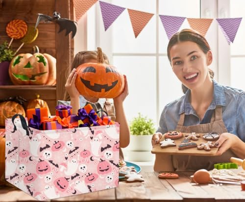 Image of Rectangular Halloween Basket for Boys and Girls Kids Trick or Treat Pumpkin Basket for Halloween Parties Cute Storage Bin Organizer Box Room Decor(Pink ghost pumpkin)