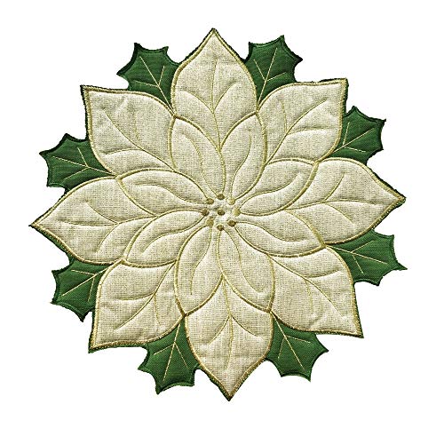 Skrantun Placemats Set of 4,Applique Gold with Green Embroidered Flower Double-Layer Golden Silk Linen Placemats for Home Holiday Christmas Table Top Decoration,Round14 inchâ€¦