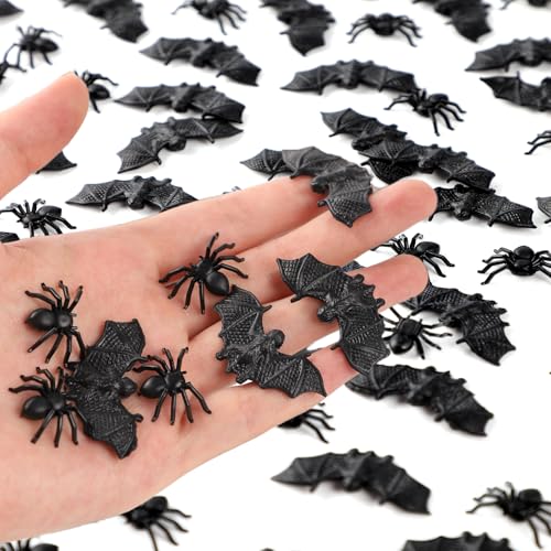 OZIO Halloween Decorations, 200 Pcs Mini Plastic Spiders Bats for Creepy Scary Prank Toys Plastic Insect Toys Halloween Miniatures, Funny Prank Halloween Party Supplies