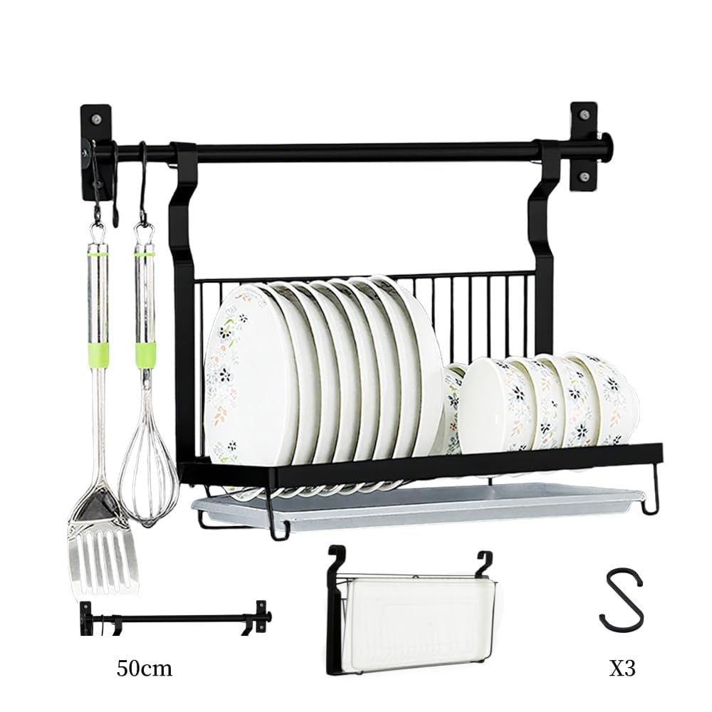 Abtropfgestell Faltbar Hängend Abtropfständer mit Stange Geschirrtrockner zum aufhängen Geschirrständer Klappbar Edelstahl Abtropfregal Geschirr Teller Relingsystem Wand Dish Drying Schwarz