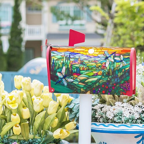 Image of Spring Summer Dragonflies Mailbox Covers Magnetic Large Size 25x21 Inch Spring Flowers Mail Box Cover Farmhouse Abstract Floral Mailbox Wraps Post Letter Box Cover for Home Garden Yard Decora