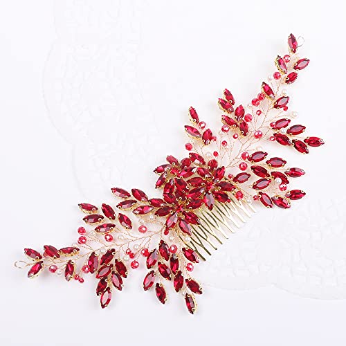 Teyglen 女性用 豪華なクリスタルパール ブライダル ヘアコーム ヘッドバンド 輝くラインストーン付き 花嫁や結婚式用 (レッド)