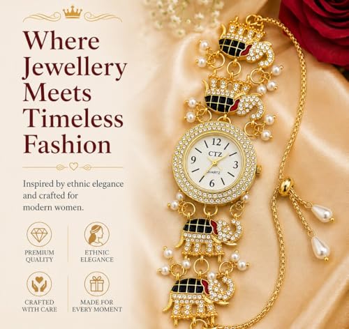 Image of Kashmiri Gold Plated Elephant Charm Bracelet Watch for Women & Girls | Adjustable Chain Analog Jewellery with Crystal & Pearl Studded Ethnic Design for Festive, Wedding, Party & Gift