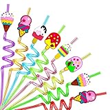 24PCS Ice Cream Drinking Straws Reusable for Kids Ice Cream Theme Birthday Party Favors Supplies Decorations with 2 PCS Cleaning Brushes (Ice Cream)