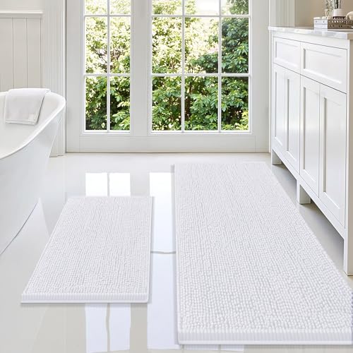 Image of Smiry Bathroom Rugs Sets 2 Piece, Soft Absorbent Chenille Machine Washable Non Slip Shaggy Bath Rug Set for Tub, Shower, and Floor (59x20+24x16, White)