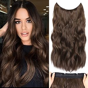 Dark Brown Mixed Chestnut Brown Invisible Wire Hair Extensions with Transparent Wire Hairpieces for Women Long Curly Wavy Headband Adjustable Size 2 Secure Clips Synthetic Secret Hairpieces