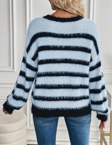 Womens Cute Striped Color Block Long Sleeve Pullover Sweater Casual Crewneck Fluffy Fleece Sweater Spring 20254