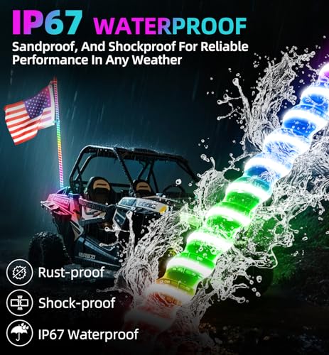 Tavaray 2PCS 3FT COB Whip Lights with APP & Remote Control, LED Whip Lights w/DIY Chasing Patterns Stop Turn Reverse Modes Control Waterproof Flag Pole Light for ATV RZR UTV Dune Buggy Can-Am by Tavaray - Image 3