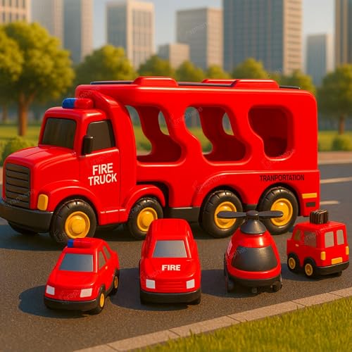 Image of GRAPHENE 5 in 1 Fire Truck Toy Set for Boy 3-10 Years Friction Powered Transport Vehicle Montessori Carrier Educational Light Music Pullback Monster Truck Mini Helicopter Taxi Playset Gift