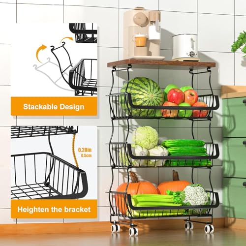 Image of ABJA 4 Tier Vegetable Stand, Onion Potato Rack, Kitchen Trolley with Wheels, Metal & Wood Stand for Kitchen Storage Rack, Stackable Baskets (Black, Rustic Brown Top)