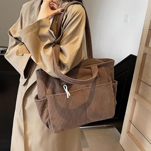Image of Corduroy Tote Bag for Women, Multiple Pockets Large Hobo Shoulder Bag for Office & Shopping, Zipper Casual Handbags