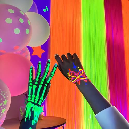 Image of Aduck Glow in The Dark Party Supplies, Neon Party Decorations Foil Fringe Curtains with Tinsel Backdrop(2-Pack), Fluorescent Yellow /Orange /Pink Streamers for Photo Booth Birthday Decorations-6.6x6.6ft