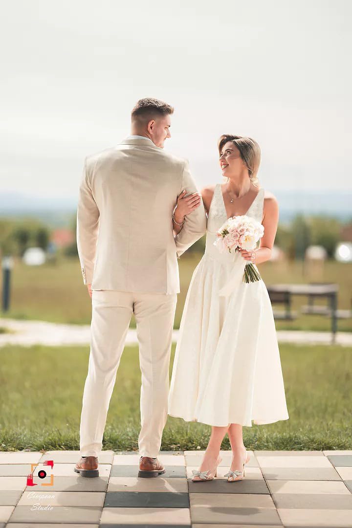 V Neck Tea Length Prom Dress for Women Satin Evening Party Gown A Line Cocktail Dress