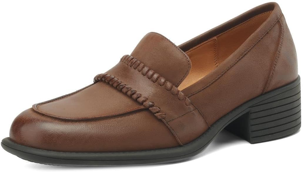 TinaCus Women's Genuine Leather Simple Round Toe Handmade Chunky Heel Comfortable Loafers Pumps Shoes